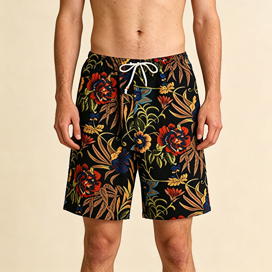 Olivenorma Vintage Bold Peony Floral Print Beaded Drawstring Loose Fit Men's Short Pants - Peony - One Size(55kg-95kg) - image 0
