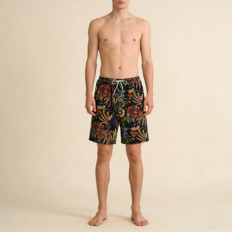 Olivenorma Vintage Bold Peony Floral Print Beaded Drawstring Loose Fit Men's Short Pants - image 1