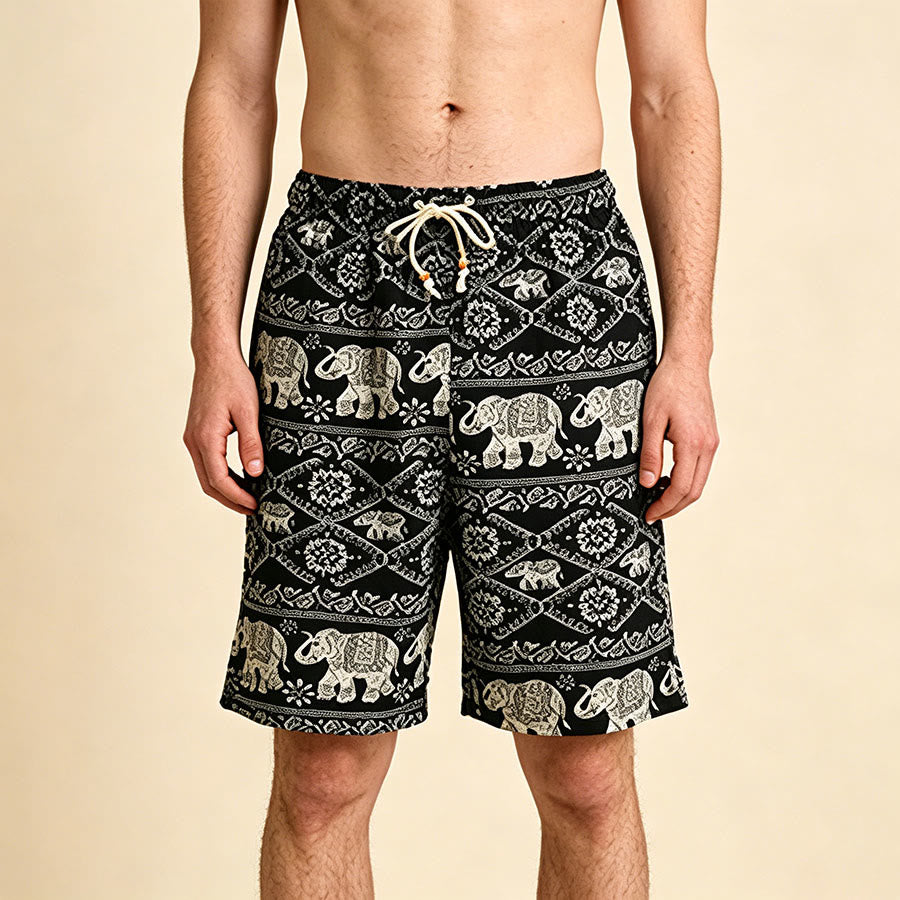 Olivenorma Black Base White Bohemian Elephant Pattern Vacation Beach Casual Men's Short Pants - Black&Elephant - One Size(55kg-95kg) - image 0
