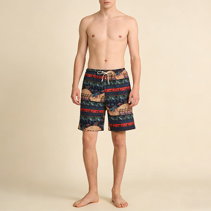 Olivenorma Multi-Color Striped Southeast Asian Tribal Print Beach Vacation Casual Men's Short Pants - image 1