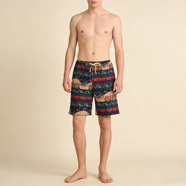 Olivenorma Multi-Color Striped Southeast Asian Tribal Print Beach Vacation Casual Men's Short Pants - image 1