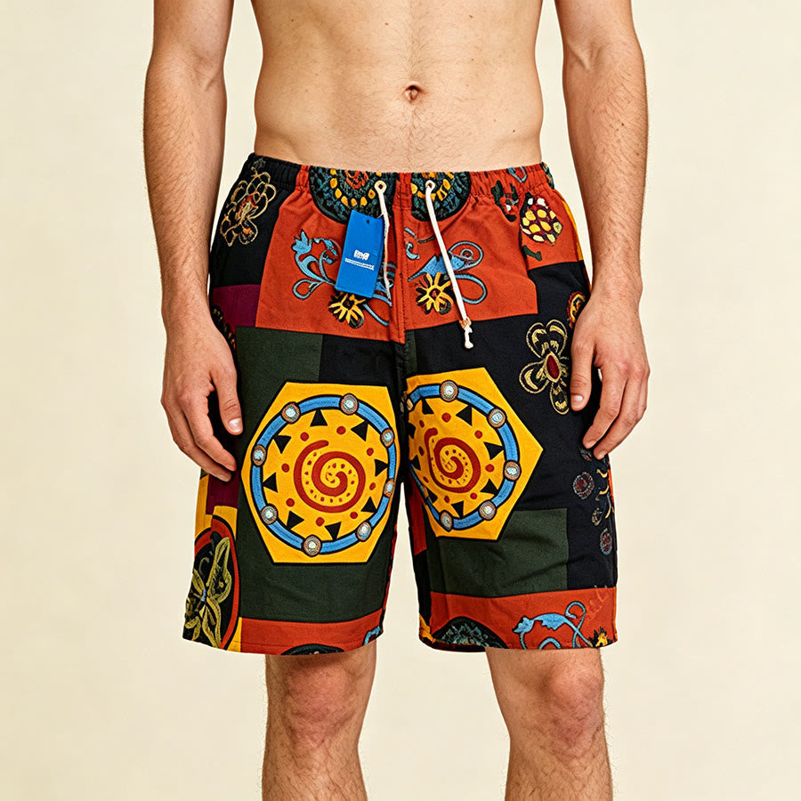 Olivenorma African Tribal Patchwork Geometric Mandala Print Drawstring Loose Fit Men's Short Pants - Color Block - One Size(55kg-95kg) - image 0