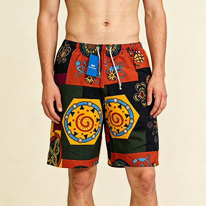 Olivenorma African Tribal Patchwork Geometric Mandala Print Drawstring Loose Fit Men's Short Pants - Color Block - One Size(55kg-95kg) - image 0