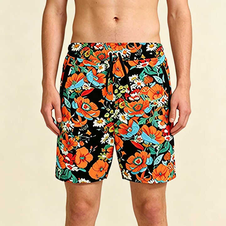 Olivenorma Black Base Vibrant Poppy Daisy Floral Print Drawstring Quick Dry Men's Short Pants - Black&Floral - 5XL - image 0