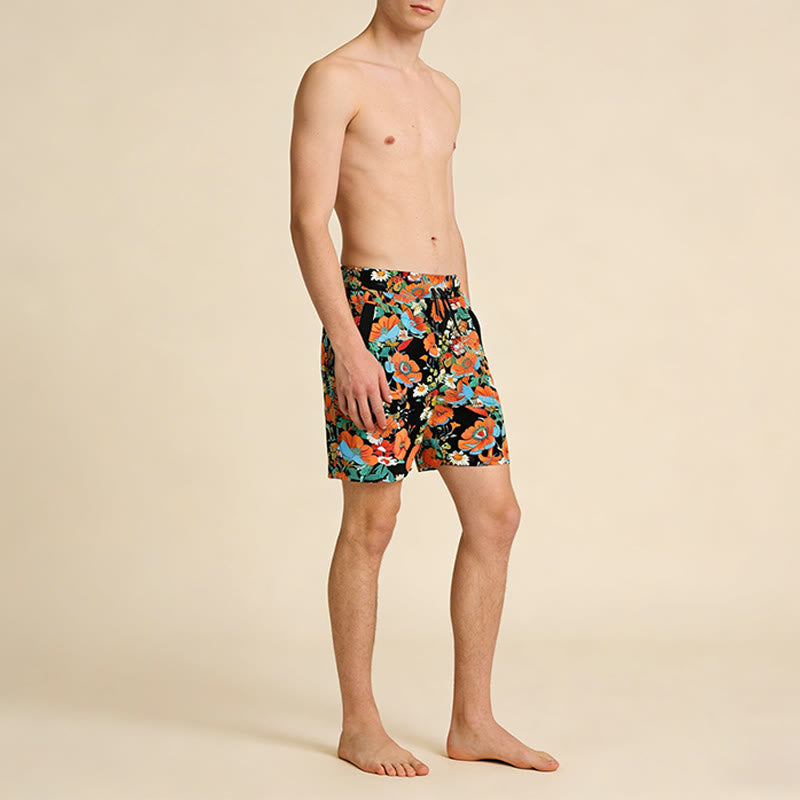 Olivenorma Black Base Vibrant Poppy Daisy Floral Print Drawstring Quick Dry Men's Short Pants - image 2