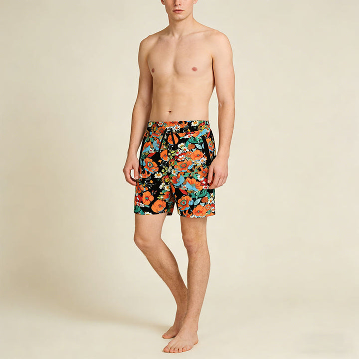Olivenorma Black Base Vibrant Poppy Daisy Floral Print Drawstring Quick Dry Men's Short Pants - image 3