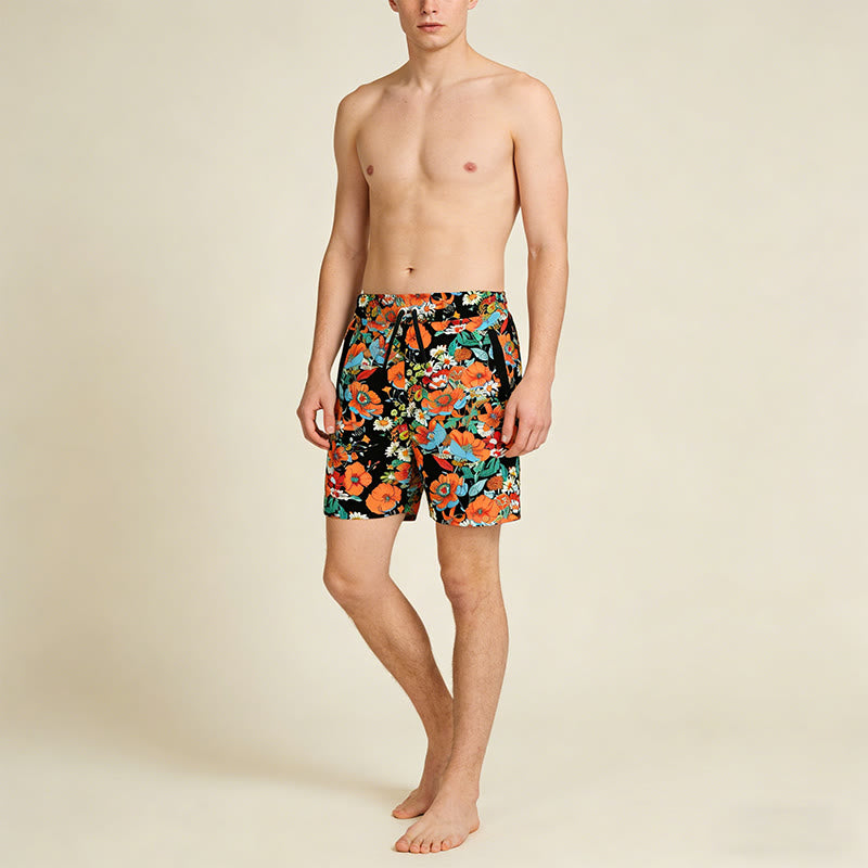 Olivenorma Black Base Vibrant Poppy Daisy Floral Print Drawstring Quick Dry Men's Short Pants - image 3