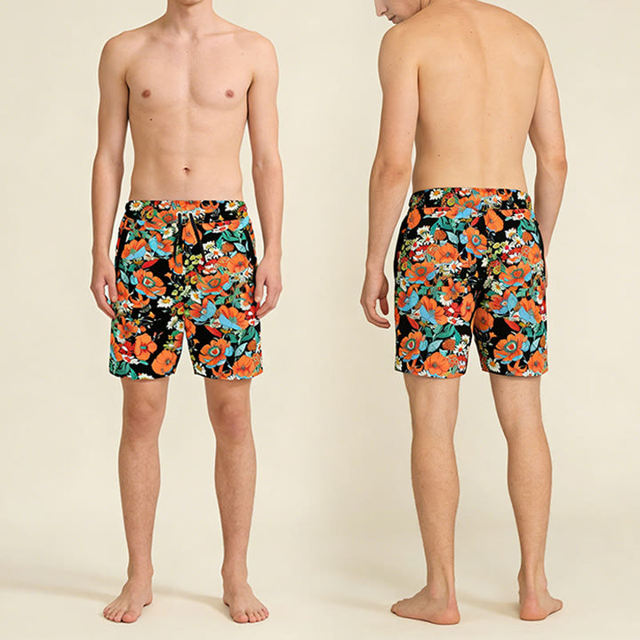 Olivenorma Black Base Vibrant Poppy Daisy Floral Print Drawstring Quick Dry Men's Short Pants - image 5