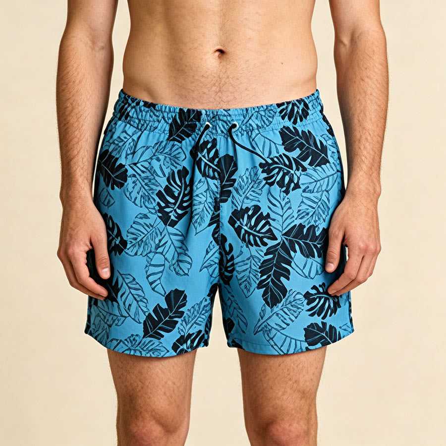 Olivenorma Sketch Tropical Monstera Leaf Print Drawstring Quick Dry Men's Short Pants - Blue - 2XL - image 0