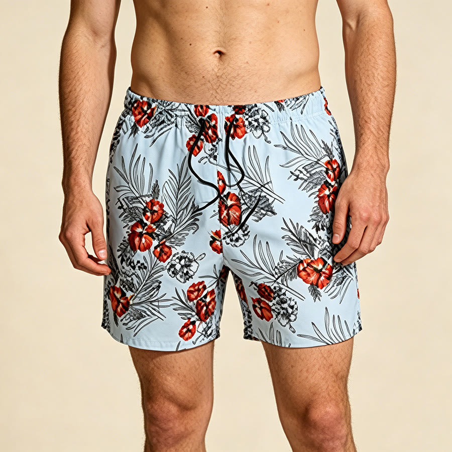 Olivenorma Tropical Hibiscus Palm Leaf Print Drawstring Quick Dry Men's Short Pants - Blue - 2XL - image 0
