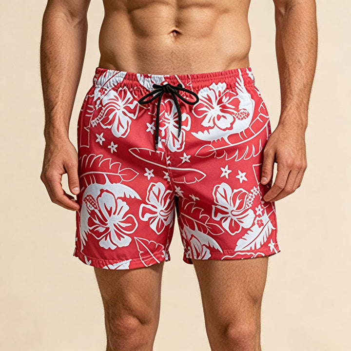Olivenorma Resort Style Hibiscus Floral Pattern Breathable Loose Fit Men's Short Pants - Red - 2XL - image 0
