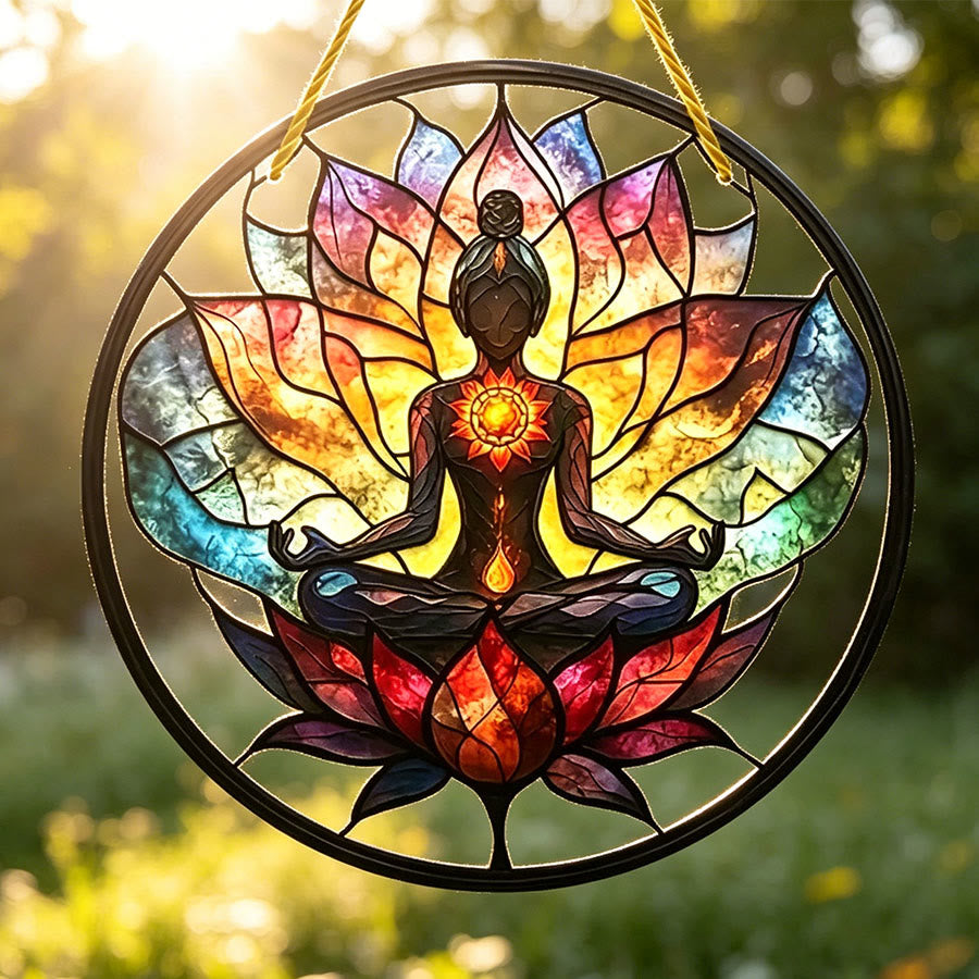 Olivenorma Vintage Stained Glass Effect Zen Chakra Meditation 2D Wall Decor Stained Glass Sun Catcher - 30cm*30cm - image 0