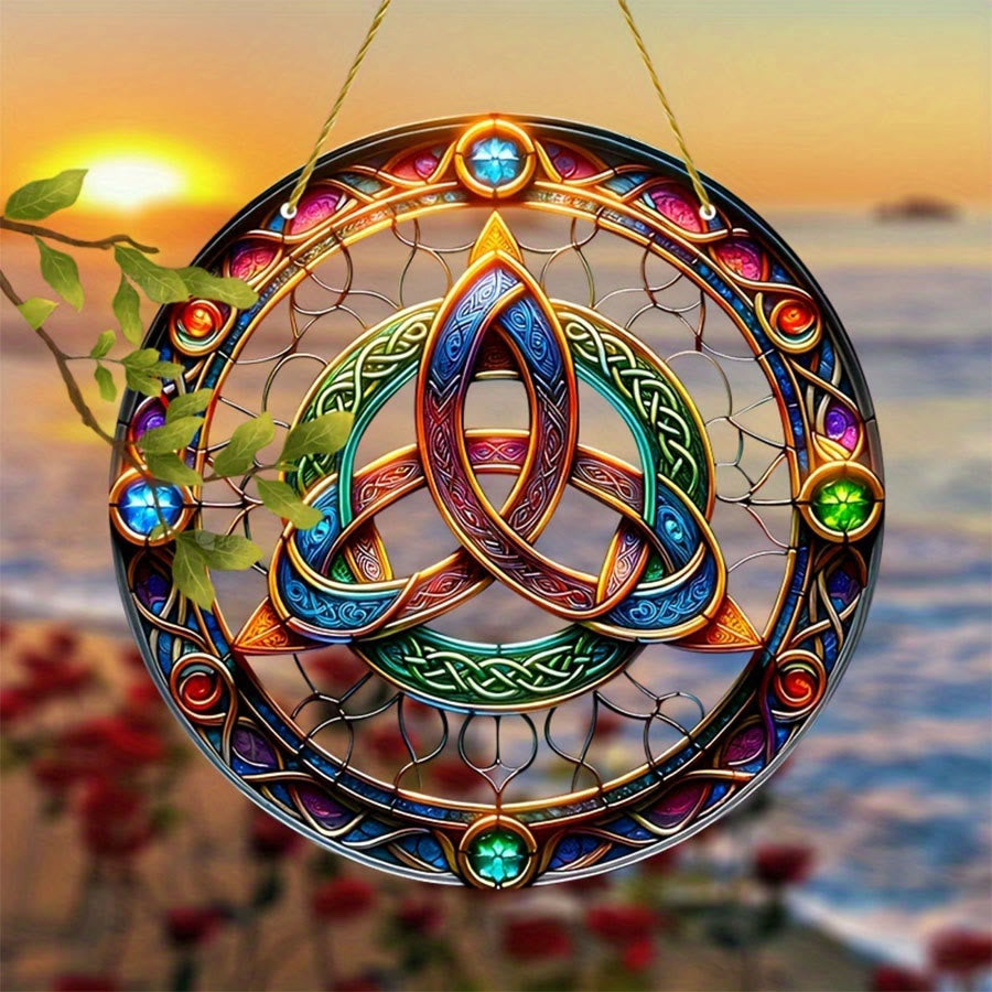 Olivenorma Sacred Celtic Triquetra Gem Accent Window Decor Stained Glass Sun Catcher - image 4