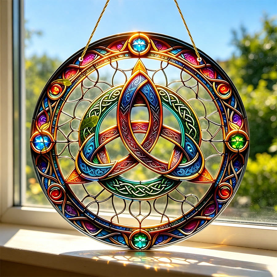 Olivenorma Sacred Celtic Triquetra Gem Accent 2D Window Decor Stained Glass Sun Catcher - 30cm*30cm - image 0