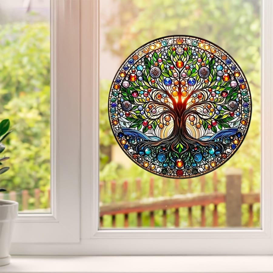Olivenorma Vintage Sacred Life Tree Root & Foliage Round Window Stained Glass Sun Catcher - image 1