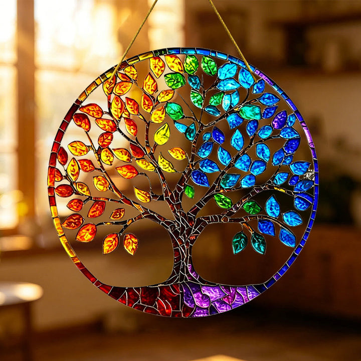 Olivenorma Gradient Seasonal Foliage Tree of Life Window Hanging Stained Glass Sun Catcher - image 1