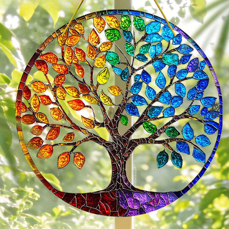 Olivenorma Gradient Seasonal Foliage Tree of Life Window Hanging Stained Glass Sun Catcher - 30cm*30cm - image 0