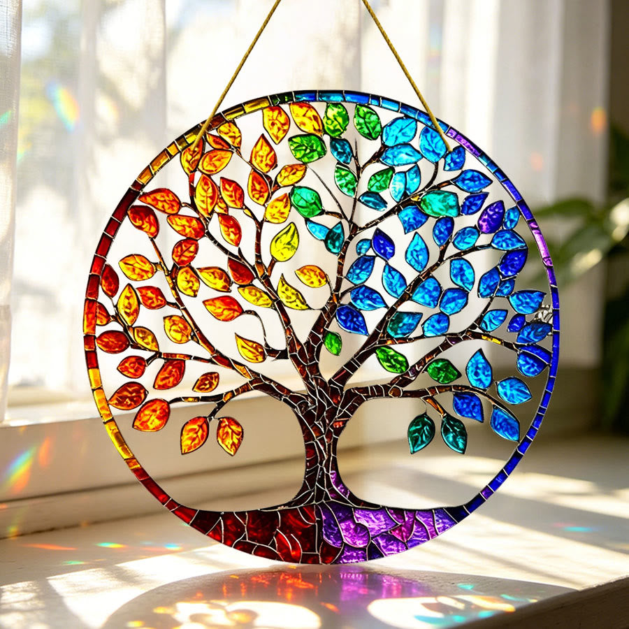 Olivenorma Gradient Seasonal Foliage Tree of Life Window Hanging 2D Stained Glass Sun Catcher - 30cm*30cm - image 0