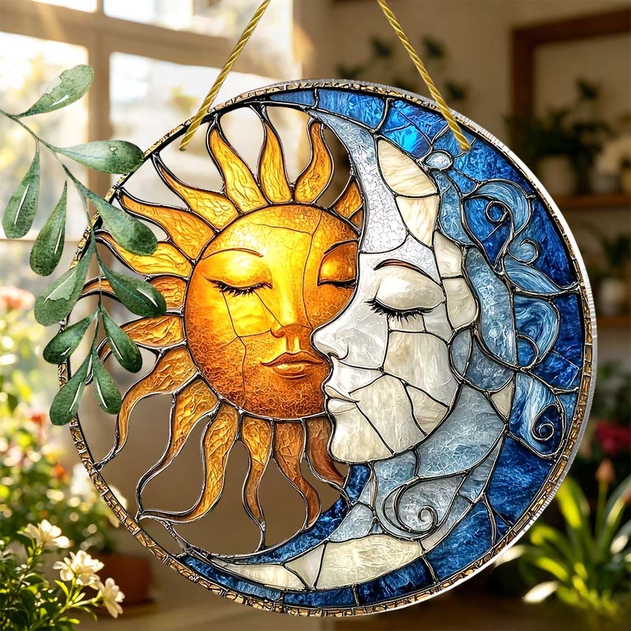 Olivenorma Vintage Bohemian Sun & Moon Face Celestial Window Hanging 2D Stained Glass Sun Catcher - image 3