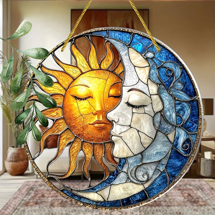 Olivenorma Vintage Bohemian Sun & Moon Face Celestial Window Hanging 2D Stained Glass Sun Catcher - image 1