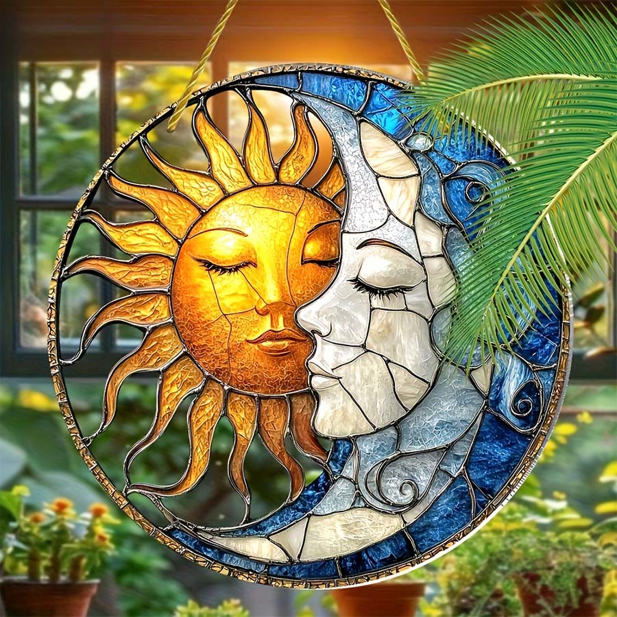 Olivenorma Vintage Bohemian Sun & Moon Face Celestial Window Hanging Stained Glass Sun Catcher - 30cm*30cm - image 0