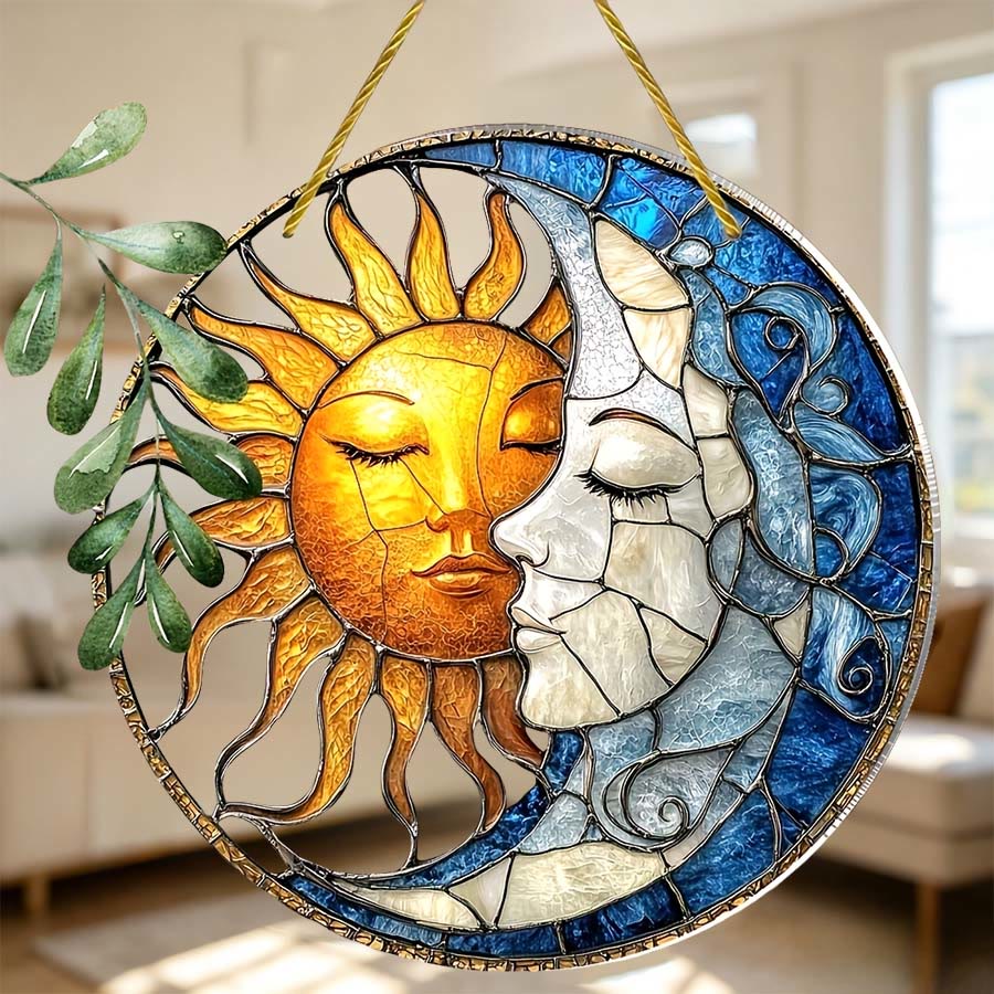 Olivenorma Vintage Bohemian Sun & Moon Face Celestial Window Hanging 2D Stained Glass Sun Catcher - 30cm*30cm - image 0