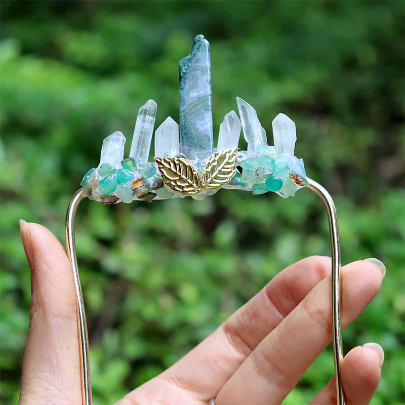 Olivenorma Vintage Golden Moon Floral Detail Rough Crystal Cluster Healing Crystal Brooch - Moss Agate - image 12