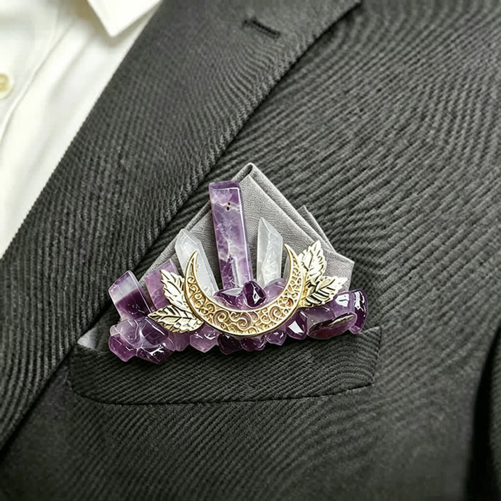 Olivenorma Vintage Golden Moon Floral Detail Rough Crystal Cluster Healing Crystal Brooch - image 1