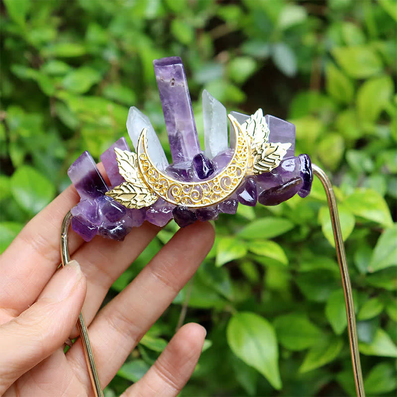 Olivenorma Vintage Golden Moon Floral Detail Rough Crystal Cluster Healing Crystal Brooch - Amethyst - image 0