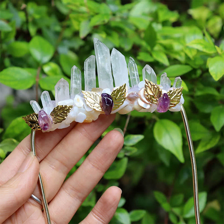 Olivenorma Vintage Golden Moon Floral Detail Rough Crystal Cluster Healing Crystal Brooch - Clear Quartz & Amethyst - image 11