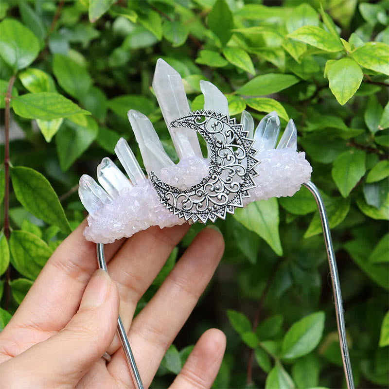 Olivenorma Vintage Golden Moon Floral Detail Rough Crystal Cluster Healing Crystal Brooch - Rose Quartz - image 14