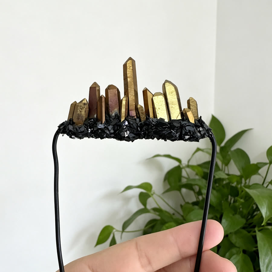 Olivenorma Contemporary Gothic Style Mixed Chip & Spike Crystal Decor Crystal Brooch - Gold Aura Quartz&Obsidian - image 0