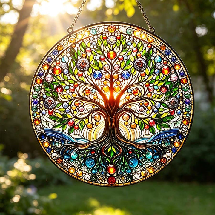Olivenorma Vintage Sacred Life Tree Root & Foliage Round Window 2D Stained Glass Sun Catcher - image 2