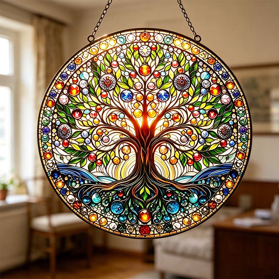Olivenorma Vintage Sacred Life Tree Root & Foliage Round Window 2D Stained Glass Sun Catcher - image 1