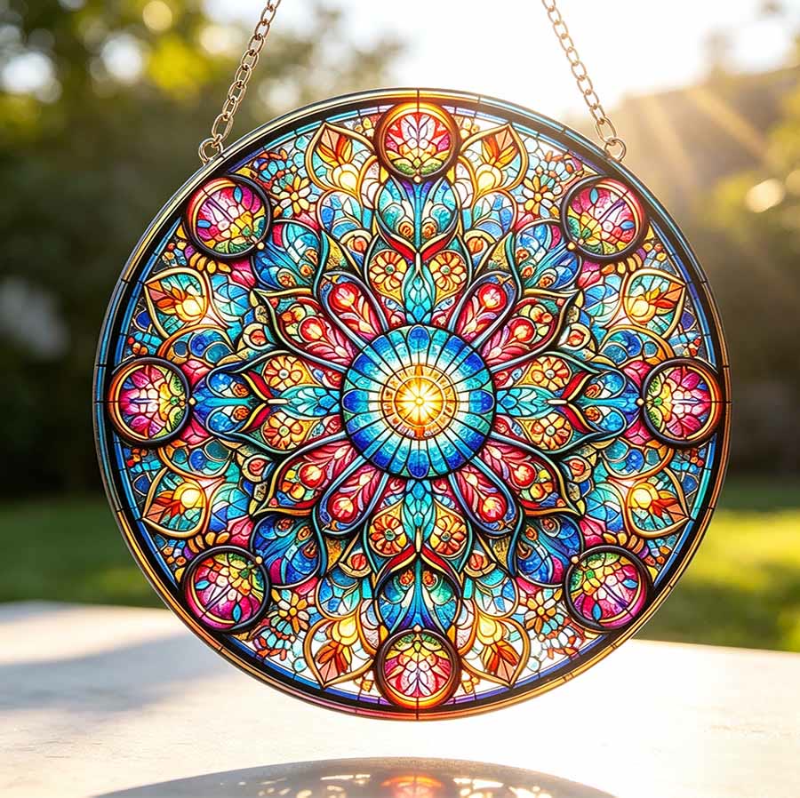 Olivenorma Symmetric Layered Floral Mandala Sacred Geometry 2D Stained Glass Sun Catcher - image 2