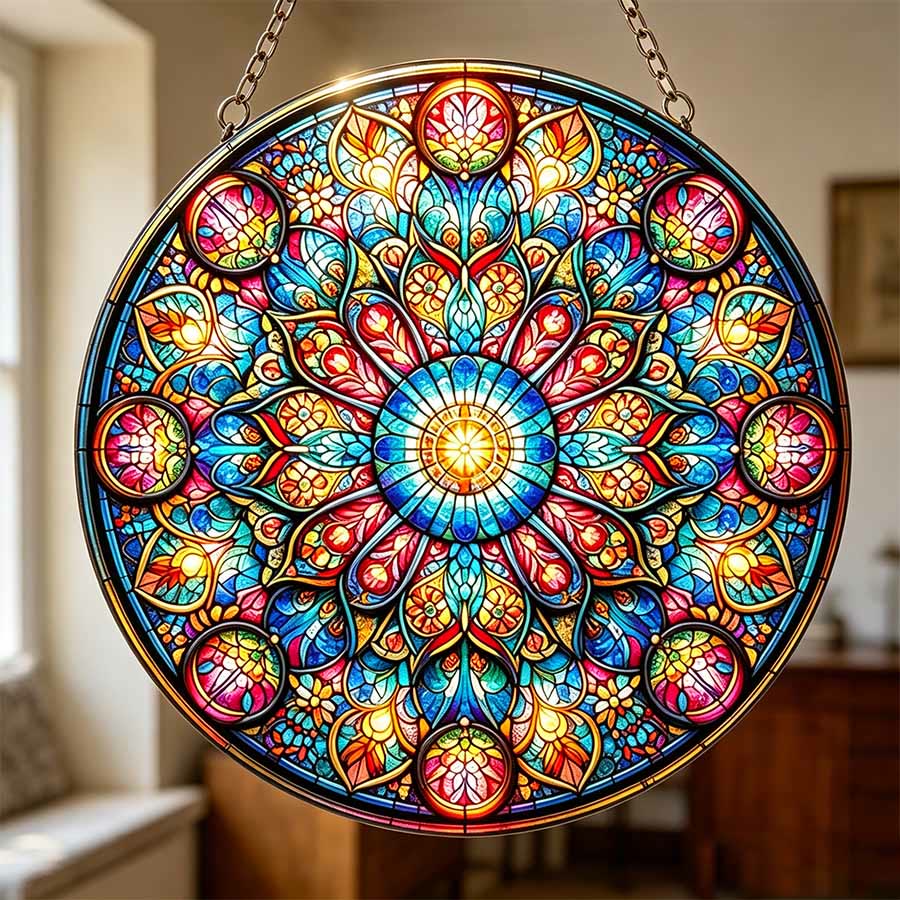 Olivenorma Symmetric Layered Floral Mandala Sacred Geometry 2D Stained Glass Sun Catcher - 30cm*30cm - image 0