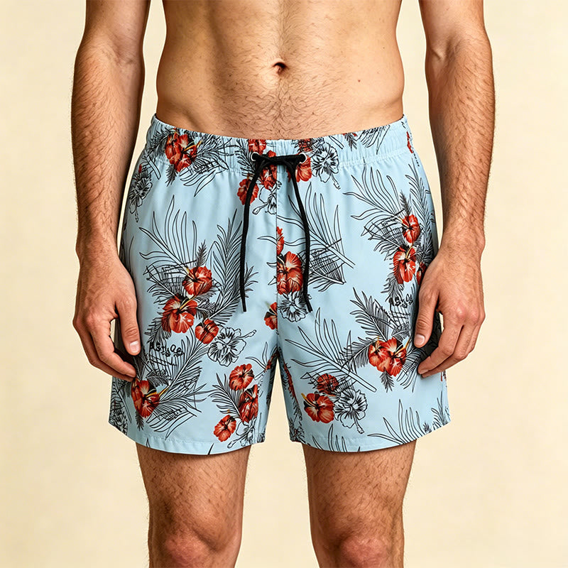 Olivenorma Tropical Hibiscus Palm Leaf Print Drawstring Quick Dry Men's Short Pants - Blue - 2XL - image 0