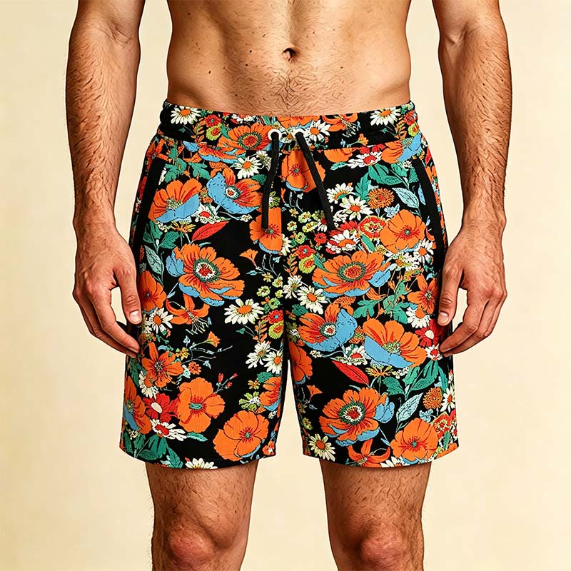 Olivenorma Black Base Vibrant Poppy Daisy Floral Print Drawstring Quick Dry Men's Short Pants - Black&Floral - 5XL - image 0