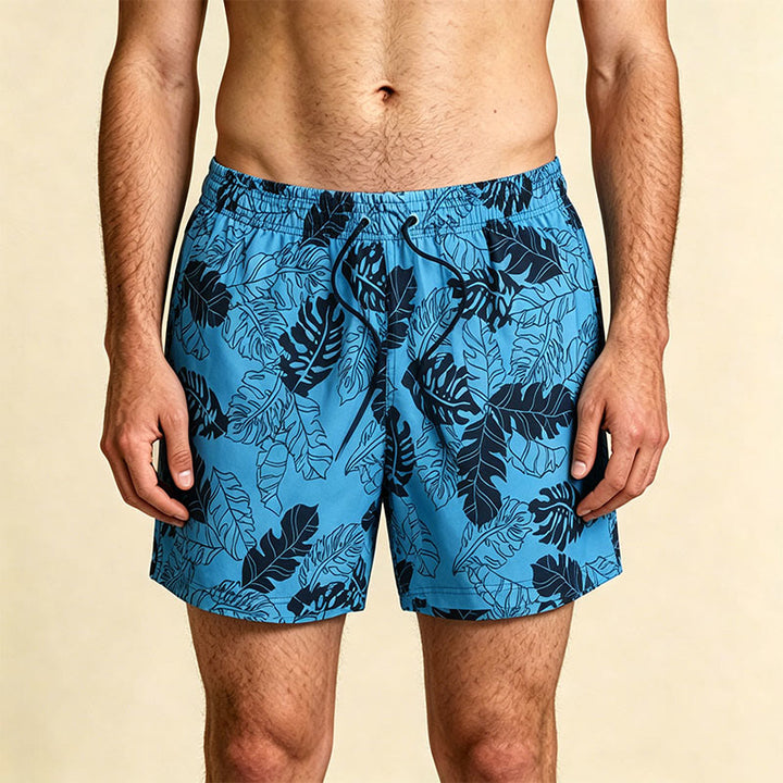 Olivenorma Sketch Tropical Monstera Leaf Print Drawstring Quick Dry Men's Short Pants - Blue - 2XL - image 0
