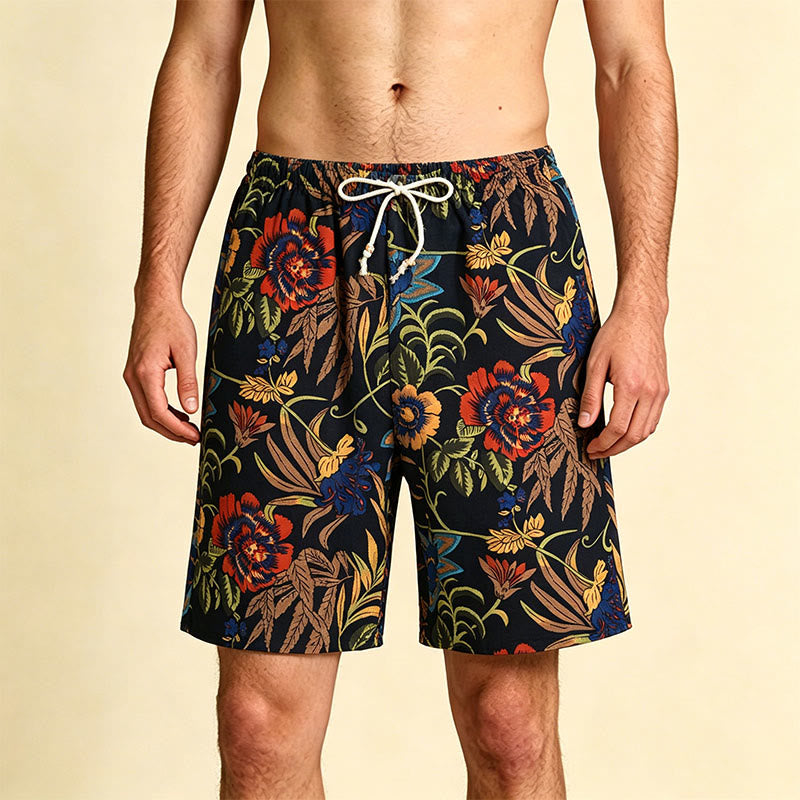Olivenorma Vintage Bold Peony Floral Print Beaded Drawstring Loose Fit Men's Short Pants - Peony - One Size(55kg-95kg) - image 0