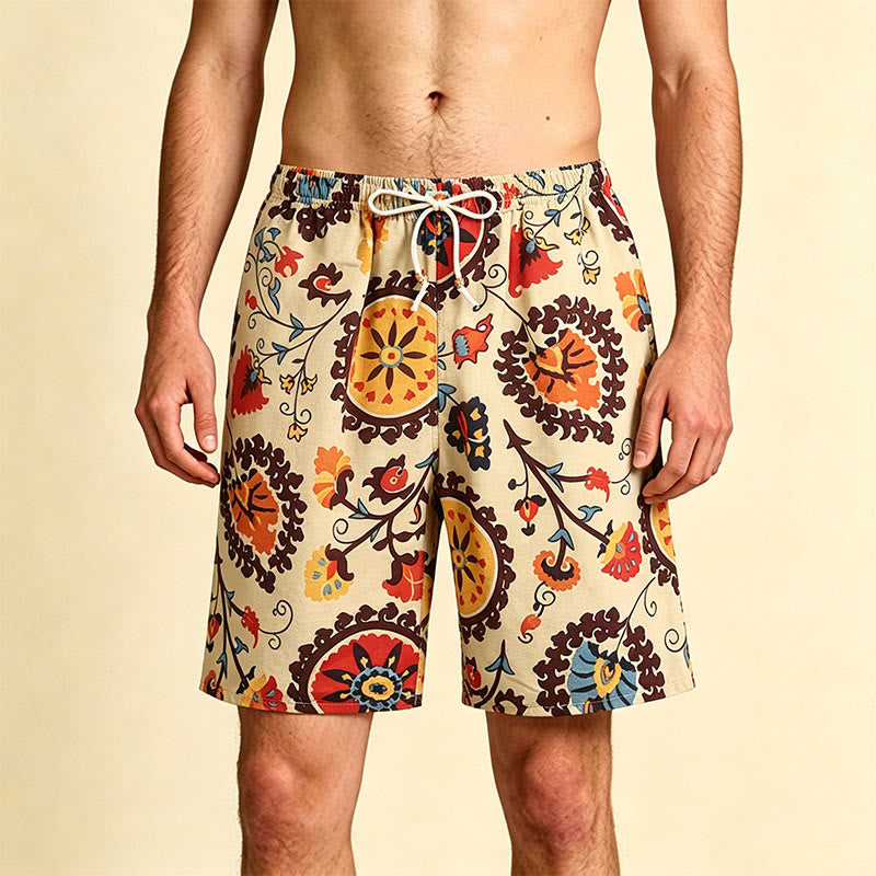 Olivenorma Ethnic Medallion Floral Print Elastic Drawstring Loose Fit Men's Short Pants - Yellow - One Size(55kg-95kg) - image 0