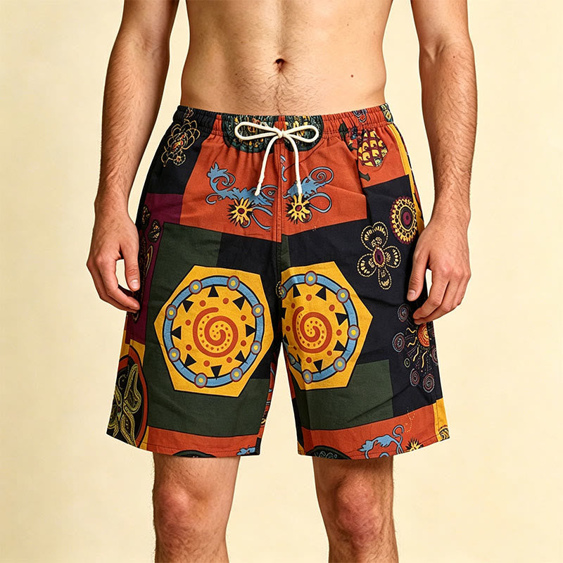 Olivenorma African Tribal Patchwork Geometric Mandala Print Drawstring Loose Fit Men's Short Pants - Color Block - One Size(55kg-95kg) - image 0
