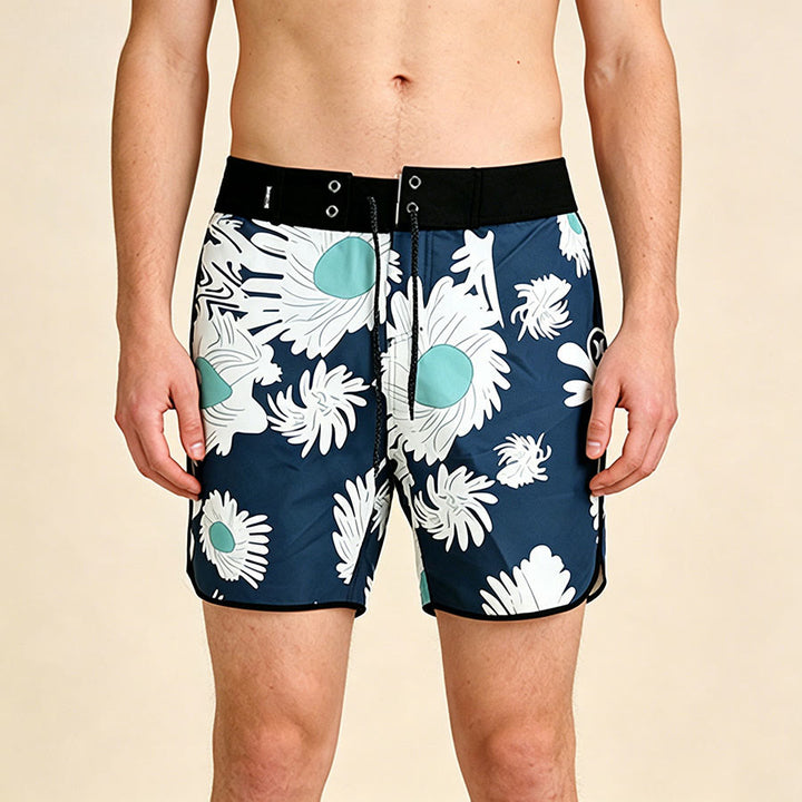 Olivenorma Abstract Art Tropical Daisy Floral Print Hook & Loop Drawstring Quick Dry Men's Short Pants - Blue - 3XL - image 0