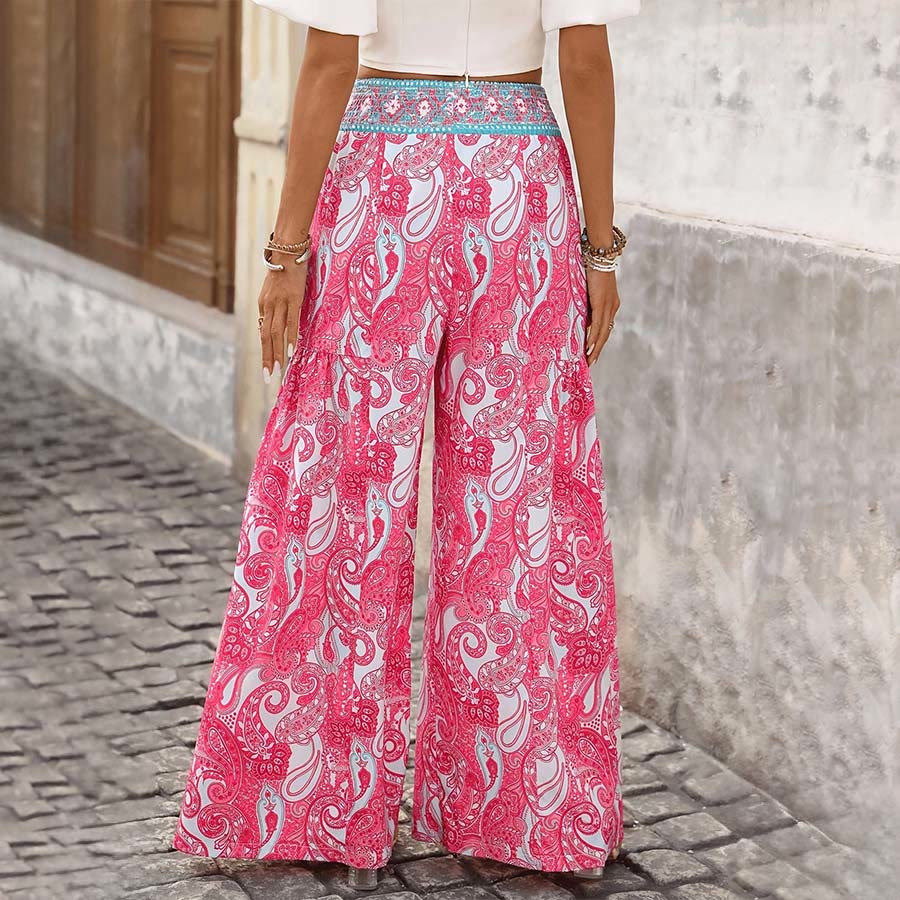 Olivenorma Boho Paisley Print Smocked High Waist Wide Leg Women's Pants - Pink - XL - image 0