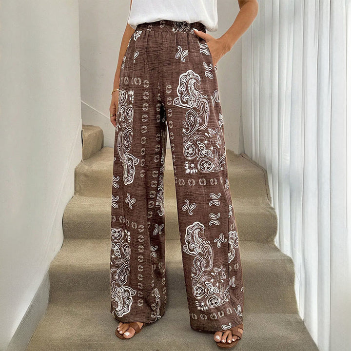 Olivenorma Retro Paisley Bandana Print Elastic High Waist Wide Leg Women's Pants - Brown - XL - image 0