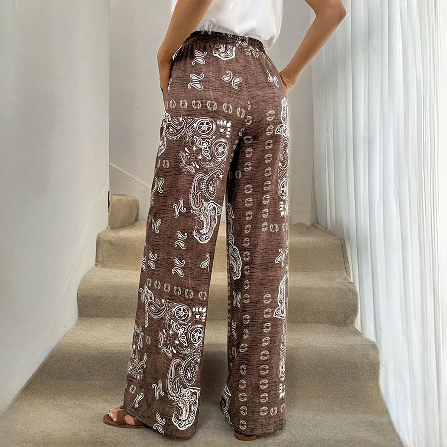 Olivenorma Retro Paisley Bandana Print Elastic High Waist Wide Leg Women's Pants - image 4