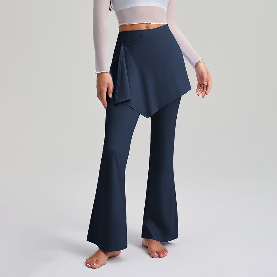 Olivenorma Asymmetrical Skirt Overlay Button Detail High Waist Bootcut Women's Yoga Pants - Navy Blue - XXL - image 7