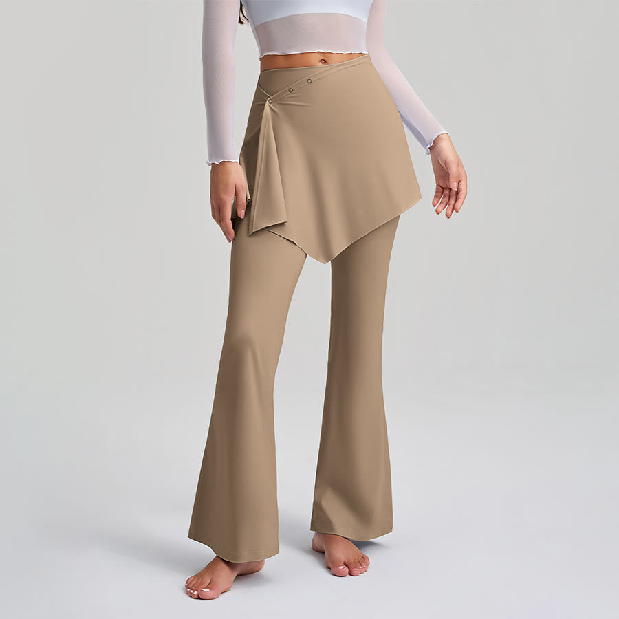 Olivenorma Asymmetrical Skirt Overlay Button Detail High Waist Bootcut Women's Yoga Pants - Cocoa Color - XXL - image 6