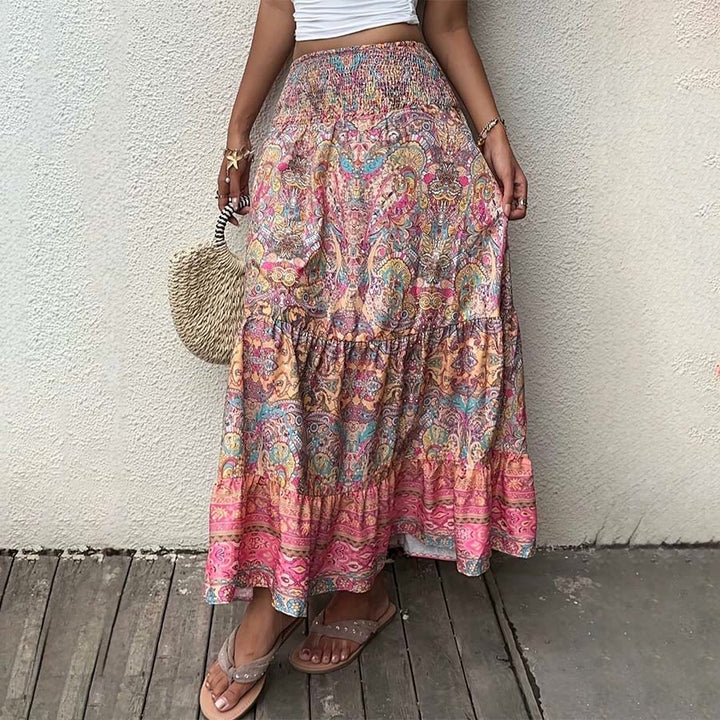 Olivenorma Bohemian Paisley Print Smocked High Waist Tiered Maxi Women's Dress - Pink - XL - image 0