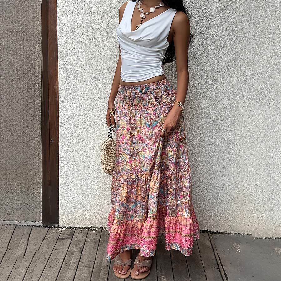 Olivenorma Bohemian Paisley Print Smocked High Waist Tiered Maxi Women's Dress - image 2